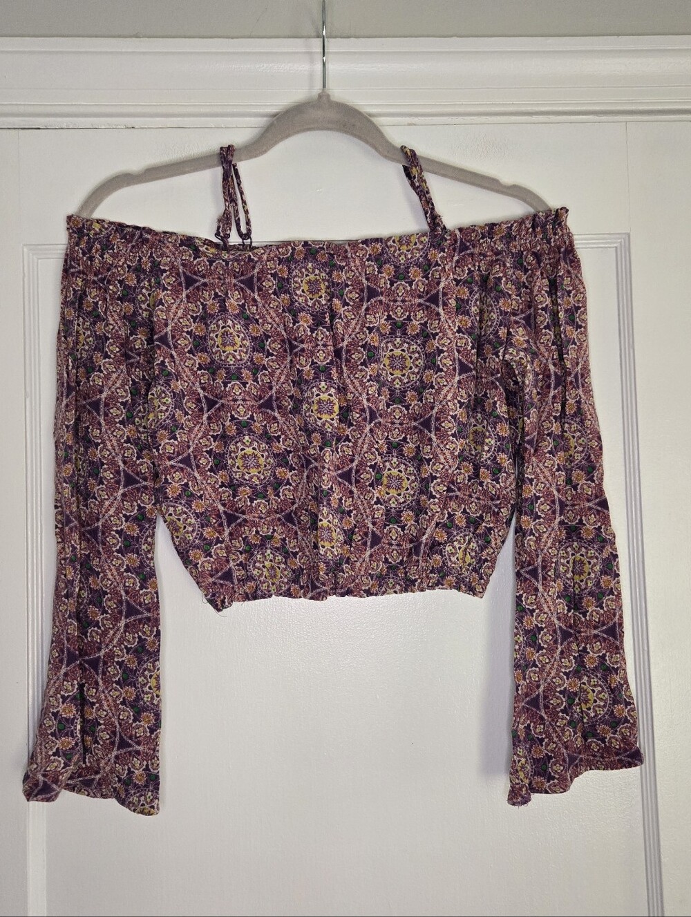 Purple Off The Shoulder Hipster Indie Long Sleeve Crop Top Women's Medium